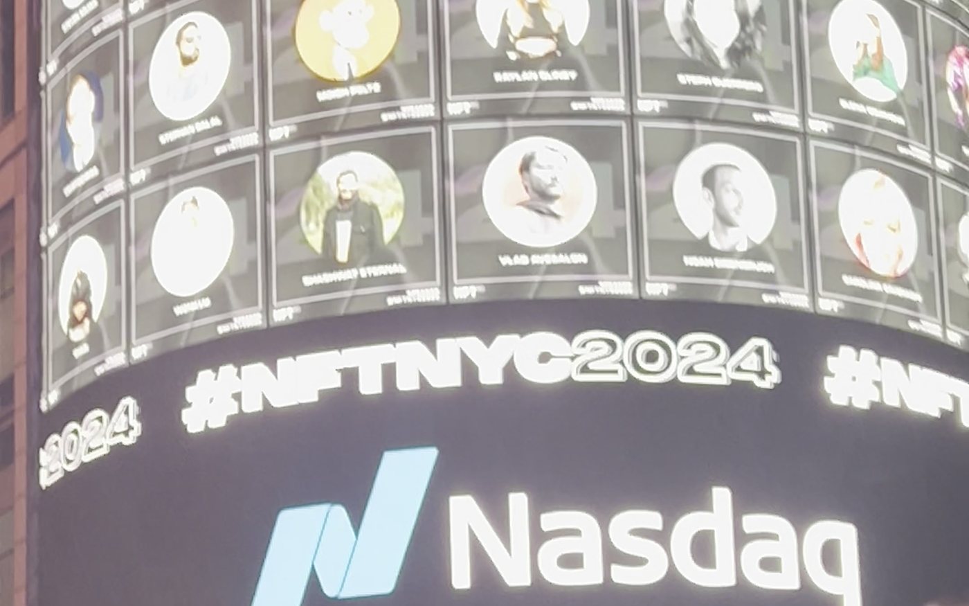 The NFT.NYC speakers, including Shashwat Eternal, on the Nasdaq tower in Times Square